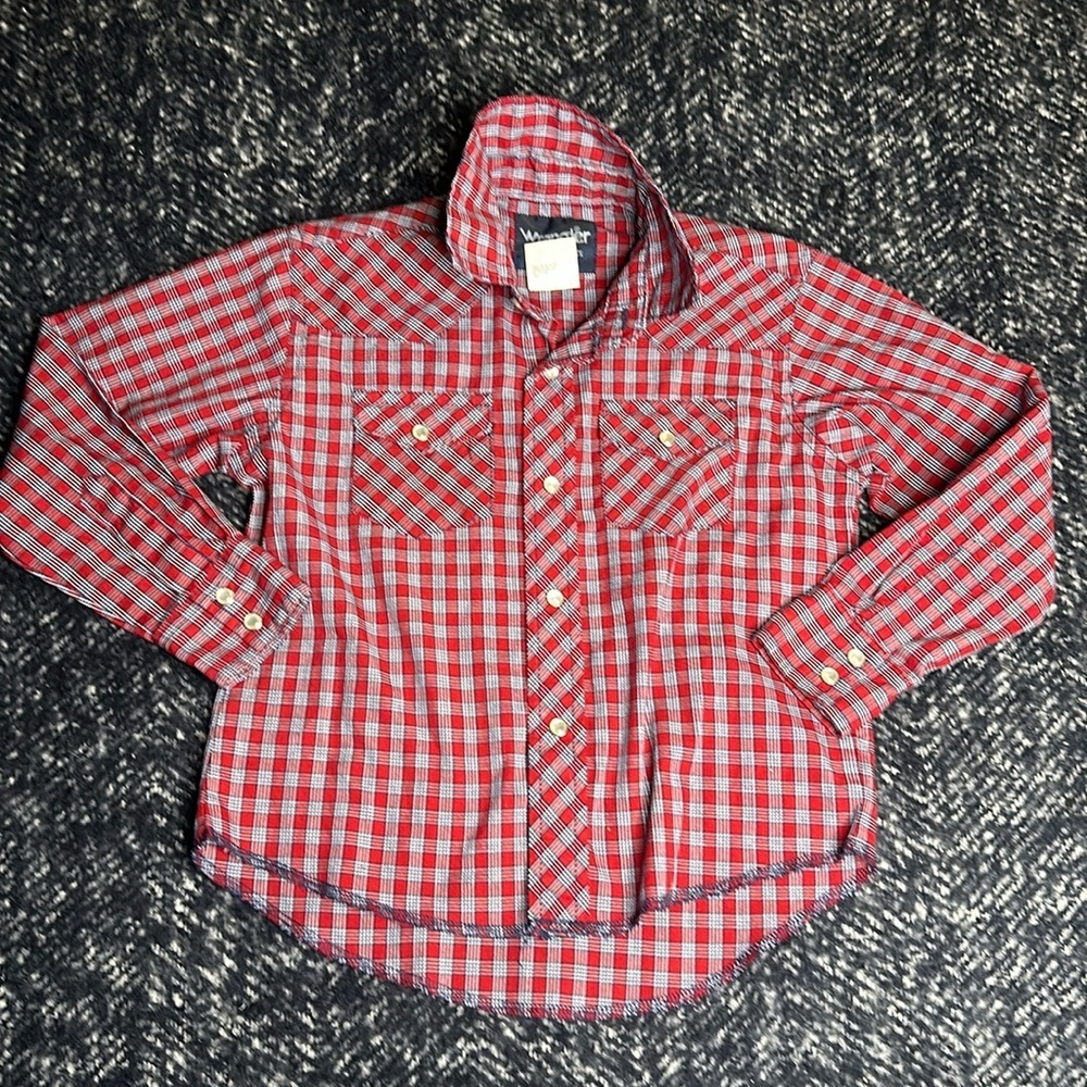 5-6 wrangler boys, western shirt button up long sleeve plaid, red and blue 🕰️